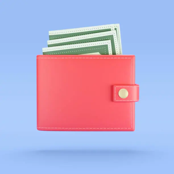 Photo of Wallet with cash, red purse and money on a blue background.