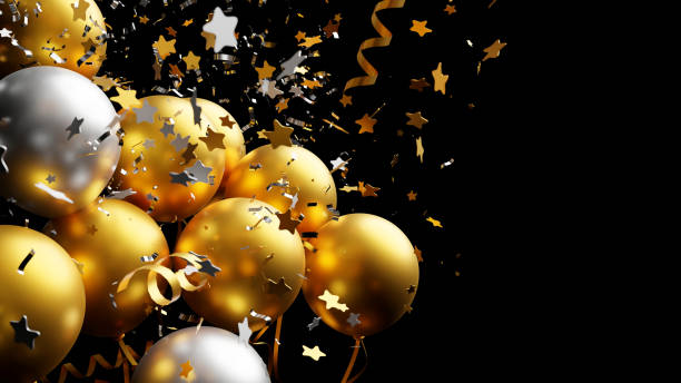 istock Gold and silver balloon with foil confetti falling on black background 3d render 1350528355