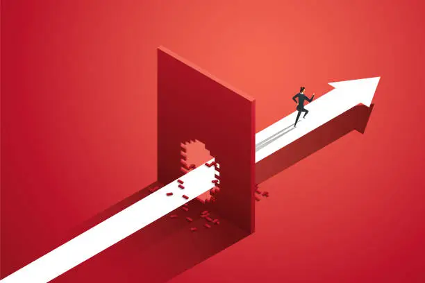 Vector illustration of Businesswoman running arrow path breaking red wall.