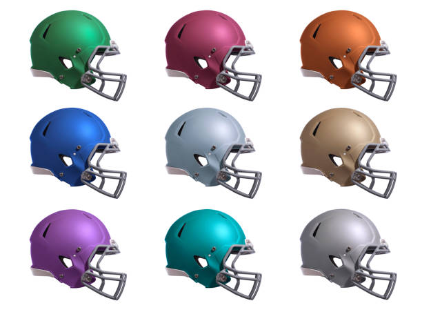 istock Football helmets side view in various colors isolated on white 1350535104