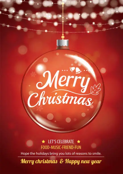 Vector illustration of Merry christmas party and glass ball for flyer brochure design on red background invitation theme concept. Happy holiday greeting banner and card template.