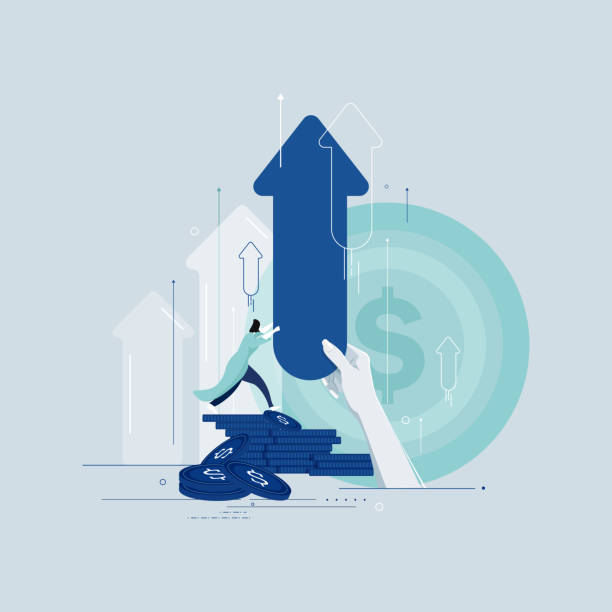 Businesswomen standing on coin and pushing the business chart arrows upward, business team growth concept Businesswomen standing on coin and pushing the business chart arrows upward, business team growth concept inflation stock illustrations