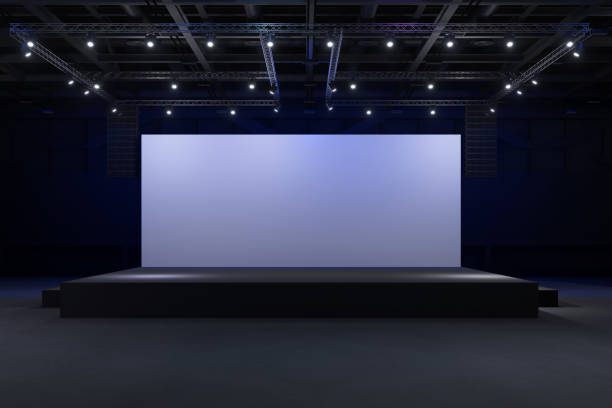 Empty stage Design for mockup and Corporate identity,Display.Platform elements in hall.Blank screen system for Graphic Resources.Scene event led night light staging.3d Background for online.3 render. diseño de escenario vacío para maqueta e identidad corporativa, os display.platform en hall. sistema de pantalla en blanco para recursos gráficos.puesta en escena de luz nocturna led de evento de escena.3d fondo para renderizado en línea.3.