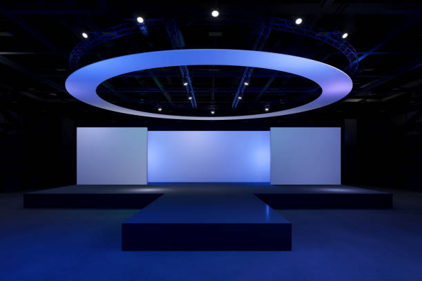 istock Empty stage Design for mockup and Corporate identity,Display.Platform elements in hall.Blank screen system for Graphic Resources.Scene event led night light staging.3d Background for onlineEvent,conference,live.3 render. 1350539291