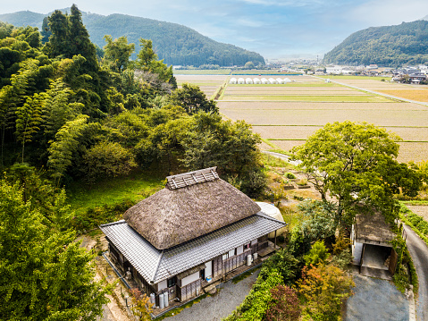 An aerial view of an old style traditional Japanese house with straw roof in the country side with nothing but nature all around.