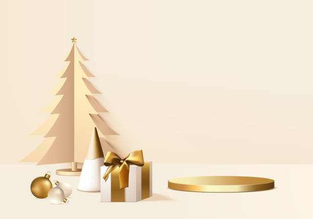 istock New Years minimal stand 3d with gold tree and podium product. Christmas tree background vector 3d with gold podium. stand to show product. Stand product showcase on christmas gold 1350540524