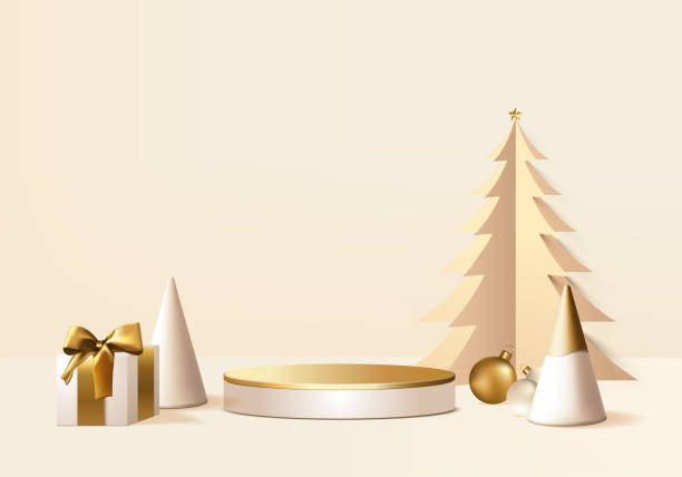 istock New Years minimal stand 3d with gold tree and podium product. Christmas tree background vector 3d with gold podium. stand to show product. Stand product showcase on christmas gold 1350540525