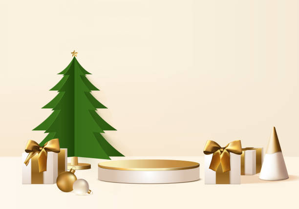 istock New Years minimal stand 3d with gold tree and podium product. Christmas tree background vector 3d with gold podium. stand to show product. Stand product showcase on christmas gold 1350540533