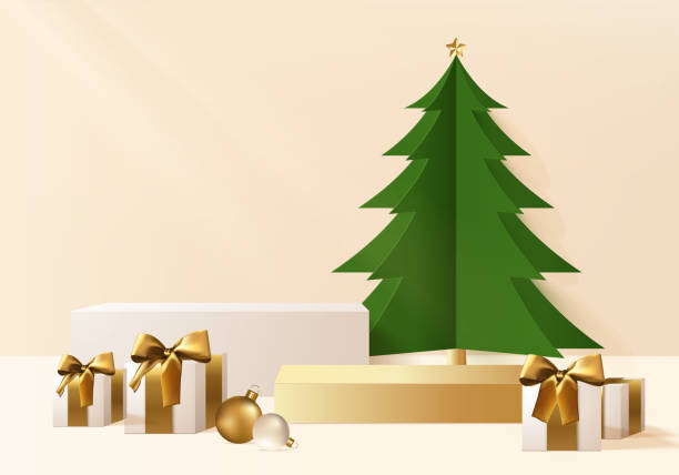 istock New Years minimal stand 3d with gold tree and podium product. Christmas tree background vector 3d with gold podium. stand to show product. Stand product showcase on christmas gold 1350540557