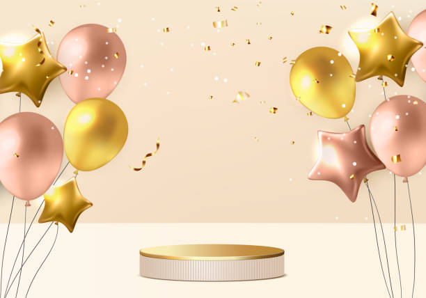 istock New Years minimal stand 3d with gold podium product. Christmas  background vector 3d with gold podium. stand to show product. Stand product showcase on christmas gold 1350540567