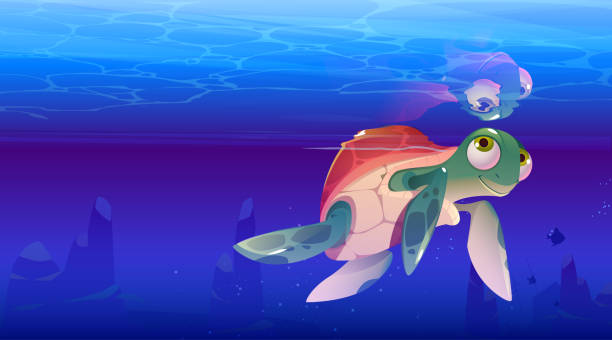 漫画カメウミガメ、かわいい海のカメ - turtle backgrounds humor vector点のイラスト素材／クリップアート素材／マンガ素材／アイコン素材