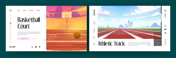 농구 코트 와 운동 트랙 배너 - track and field stock illustrations