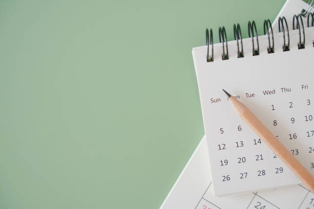 vista superior del calendario blanco y lápiz marrón afilado sobre fondo verde, horario, línea de tiempo, concepto de planificación - calendario fotografías e imágenes de stock