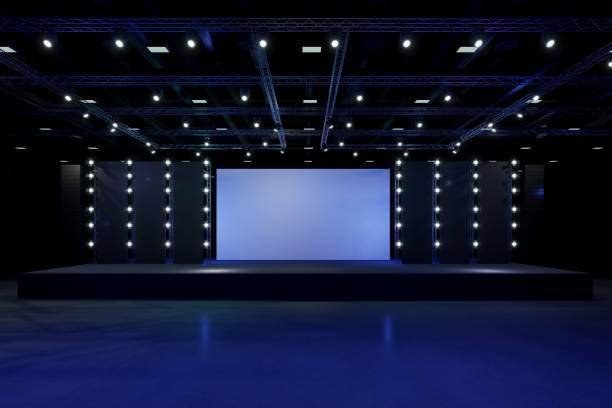 Empty stage Design for mockup and Corporate identity,Display.Platform elements in hall.Blank screen system for Graphic Resources.Scene event led night light staging.3d Background for onlineEvent,conference,live.3 render. diseño de escenario vacío para maqueta e identidad corporativa, os display.platform en hall. sistema de pantalla en blanco para recursos gráficos.escena evento led puesta en escena de luz nocturna.3d fondo para onlineevent, conferencia, live.3 re