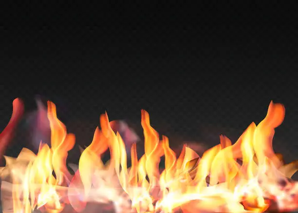 Vector illustration of Translucent fire flames and sparks with horizontal repetition on transparent background. For used on dark illustrations. Transparency only in vector format