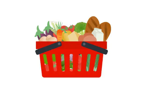 Vector illustration of Red Shopping Basket Full Of Fresh Vegetables And Groceries