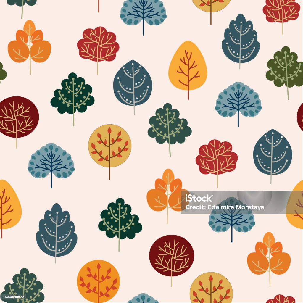 Pattern Design Fall Season Tree Fall Autumn Season Trees Colorful Seamless Pattern Flat Design Vector ...