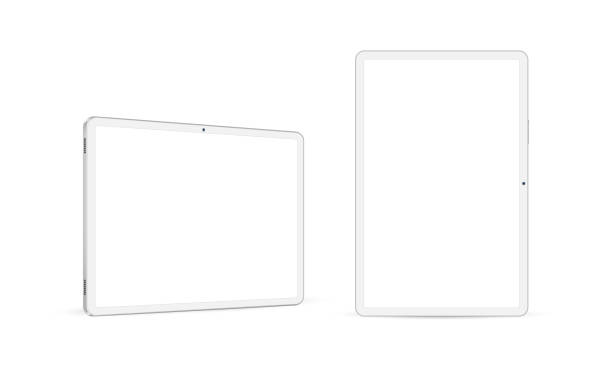 tablet computer horizontales und vertikales weißes mockup, vorderseite, seitenansicht - tablet stock-grafiken, -clipart, -cartoons und -symbole