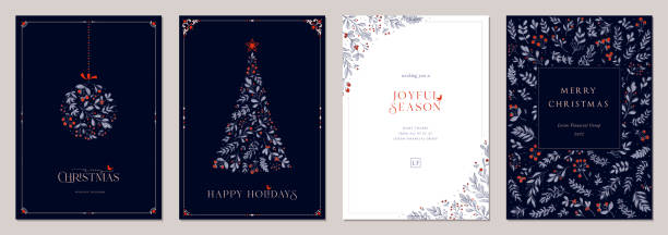 Universal Christmas Templates_26 Holidays cards with Christmas Tree, birds, Christmas ornament, floral background, ornate frames and copy space. Universal modern artistic templates. red frame stock illustrations