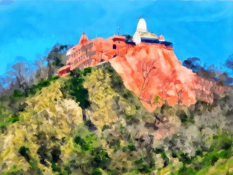 Watercolor landscape. Mansa Devi Temple. Haridwar is one of the seven main sacred cities of Hinduism. India, State of Uttarakhand. Digital painting. Drawing watercolor. Travel and vacation concept.