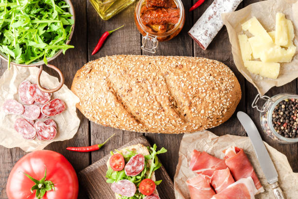 Italian appetizers on wooden table. Food background