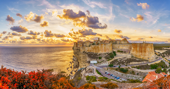 Landscape with Bonifacio at sunset time, Corsica island, France