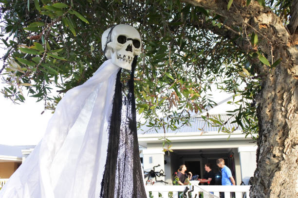 Perth, Wa - Oct 31 2021:Skeleton decoration in Halloween party.At Halloween houses yards decorated with traditionally macabre symbols including skeletons, ghosts, cobwebs, headstones and witches.