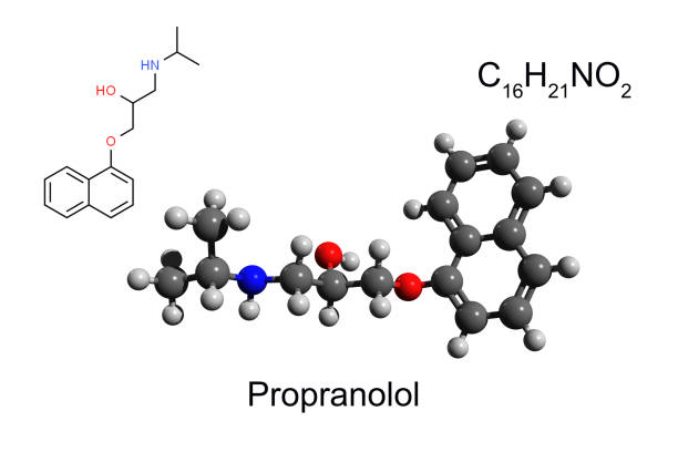 istock Chemical formula, structural formula and 3D ball-and-stick model of propranolol 1350556388