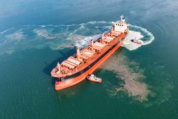 istock Aerial view of large bulk carrier approaching port. 1350558155