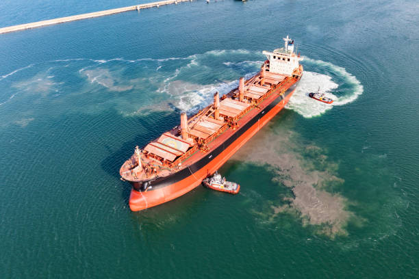 istock Aerial view of large bulk carrier approaching port. 1350558240
