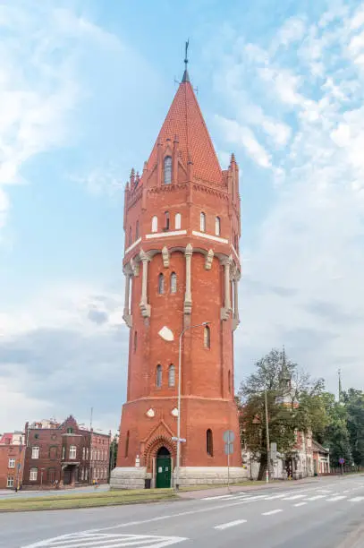 Historic brick water tower in Malbork, Poland.