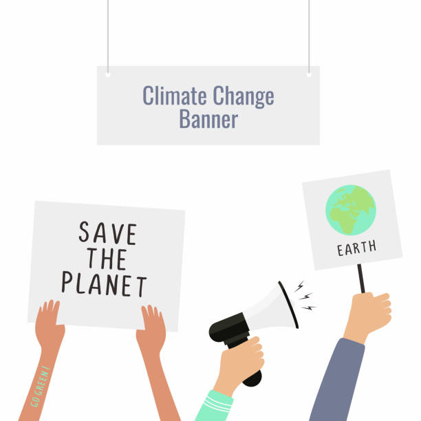 Climate change banner. Demonstrating concept, People protesting against climate change. Hands holding posters of Protesters to save our planet. Vector flat illustration. Climate change banner. Demonstrating concept, People protesting against climate change. Hands holding posters of Protesters to save our planet. Vector flat illustration. climate protest stock illustrations