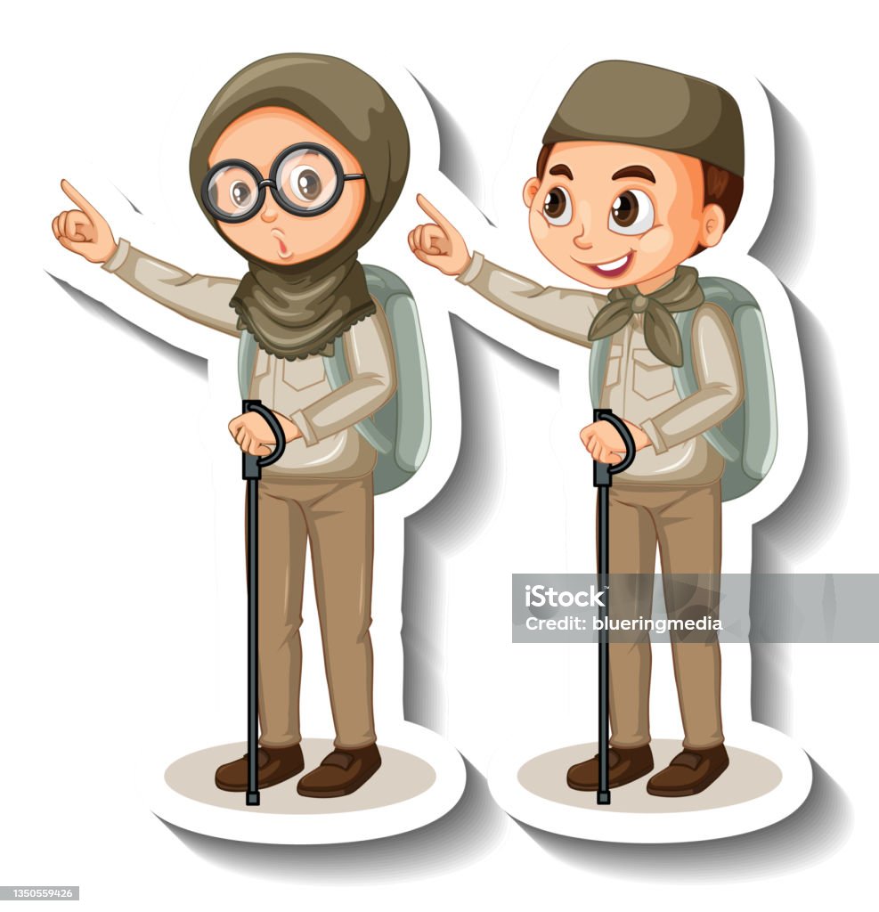 Couple Muslim Kids Wear Safari Outfit Cartoon Character Sticker Stock  Illustration - Download Image Now - iStock