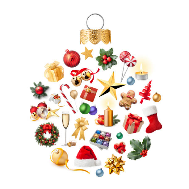 Christmas ball made ​​of gifts and decorations elements isolated on a white background.