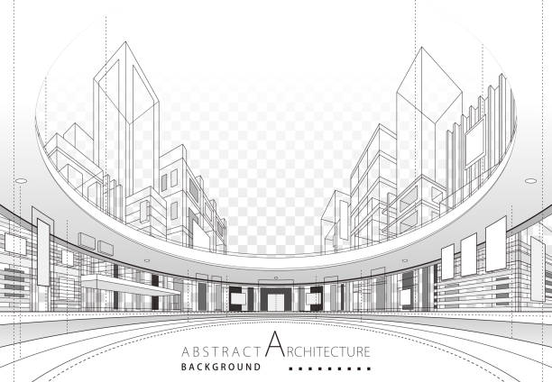 illustrazioni stock, clip art, cartoni animati e icone di tendenza di architettura costruzione costruzione prospettiva design, astratto moderno edificio urbano disegno linea. - skyline silhouette cityscape residential district