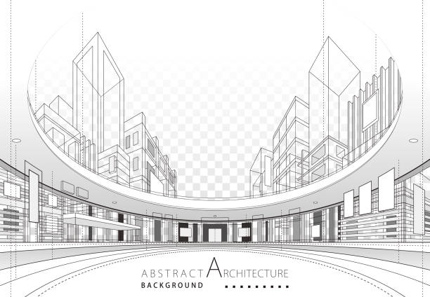 Architecture building construction perspective design,abstract modern urban building line drawing. 3D illustration linear drawing. Imagination architecture urban building design, architecture modern abstract background. wire frame model illustrations stock illustrations