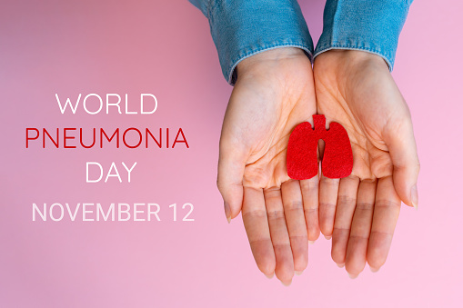Día Mundial de la Neumonía, 12 de noviembre. Las manos de la mujer sostienen la silueta recortada de los pulmones. Estación plana. Fondo rosa photo