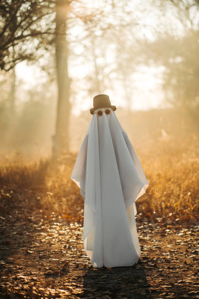 istock A ghost covered with a white ghostly leaf wearing a hat in the forest for Halloween. Halloween concept 1350563911
