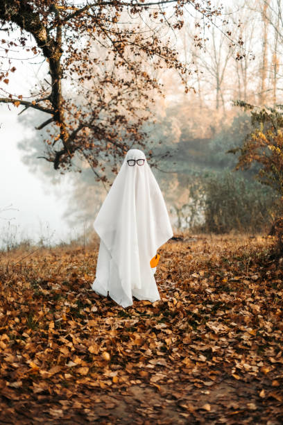 istock A ghost covered with a white ghostly leaf wearing a hat in the forest for Halloween. Halloween concept 1350564499