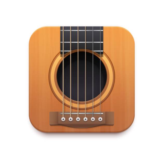 Guitar music app interface icon Guitar music app interface vector icon with acoustic guitar musical instrument, strings, neck, sound hole and bridge. Isolated 3d square button of mobile or web application ui or gui design musical instrument bridge stock illustrations