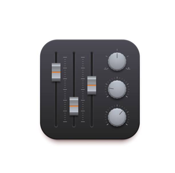 Sound mixer, music record app interface icon Sound mixer, music and sound record app 3d icon. Vector audio mixing console or music studio board panel isolated symbol with control knobs, switches, fader sliders, application interface button fader sound equipment stock illustrations