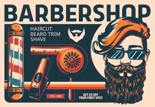 Vector illustration of Barbershop retro poster, barber shop pole, shaver