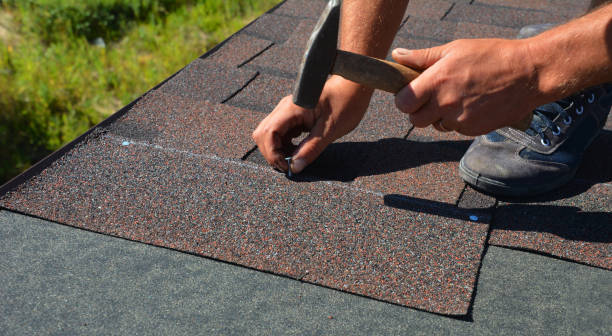 A close-up of asphalt shingles installation on the roof edge. A roofer is nailing asphalt shingles to the roof deck covered with roofing underlayment. Roofing construction. A close-up of asphalt shingles installation on the roof edge. A roofer is nailing asphalt shingles to the roof deck covered with roofing underlayment. Roofing construction. shingles stock pictures, royalty-free photos & images