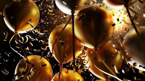 istock Gold and silver balloon with foil confetti falling on black background 3d render 1350572578