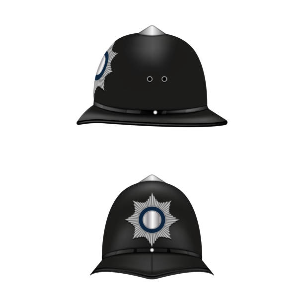 白い背景に隔離されたコッカデの前面と側面のベクトルクリップアートオブジェクトを持つ現実的な3dカストディアンヘルメット。 - police helmet点のイラスト素材／クリップアート素材／マンガ素��材／アイコン素材