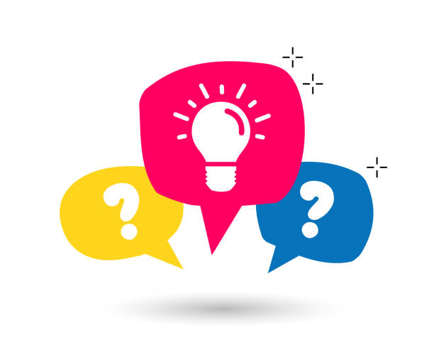 question mark icon and lamp in color speech bubble. - question mark stock illustrations