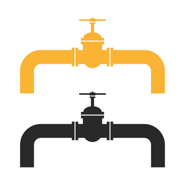 흰색 배경에 격리 된 노란색과 검은 색 벡터 그림게이트 밸브가있는 가스 파이프 라인 분기. - valve water water pipe pipe stock illustrations