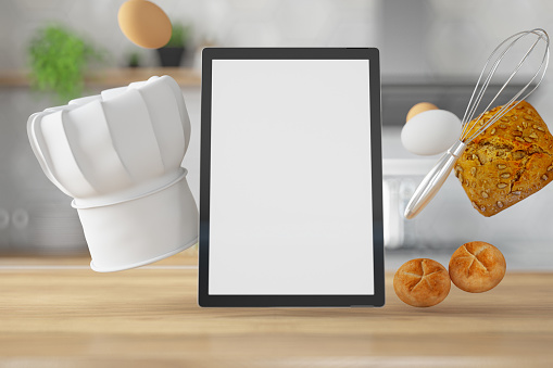 Vertical Empty  DigitalTablet Screen with Kitchen Utensil and Chef's Hat 3d Render