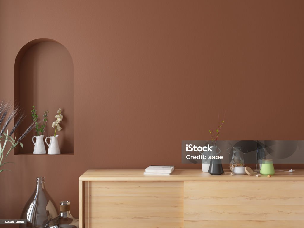 Modern Console with Empty Wall and Accessories Modern Console with Empty Wall and Accessories. 3d Render Dresser Stock Photo