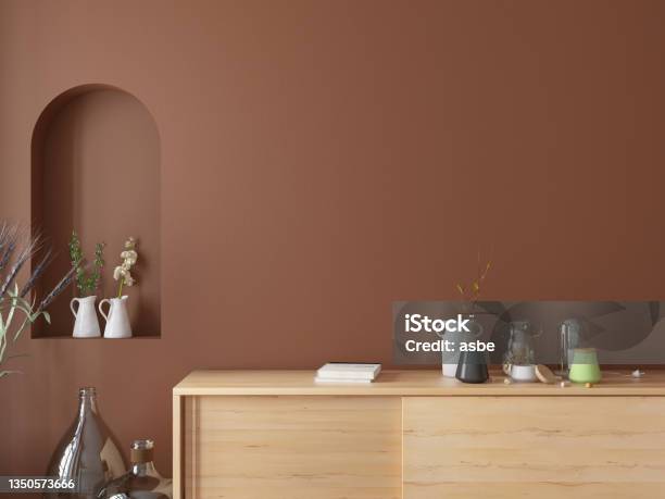 Modern Console With Empty Wall And Accessories Stock Photo - Download Image Now - Dresser, Living Room, Wood - Material